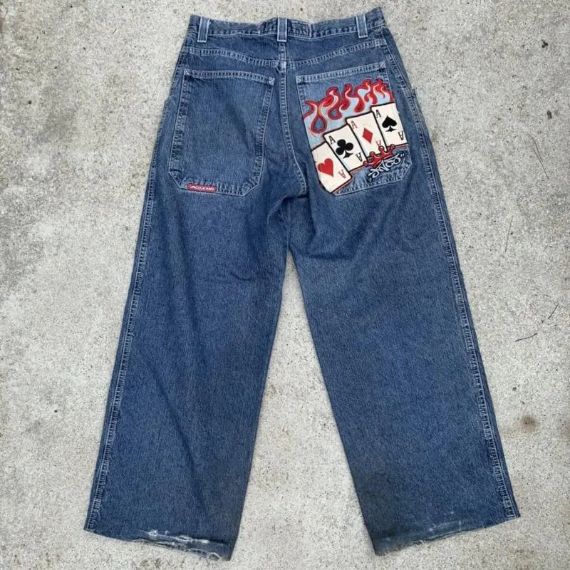 Jeans pour hommes JNCO Y2K Harajuku Hip Hop Poker Graphique Rétro Bleu Baggy Denim Pantalon Hommes Femmes Gothique Taille Haute Pantalon Large Winter01 827