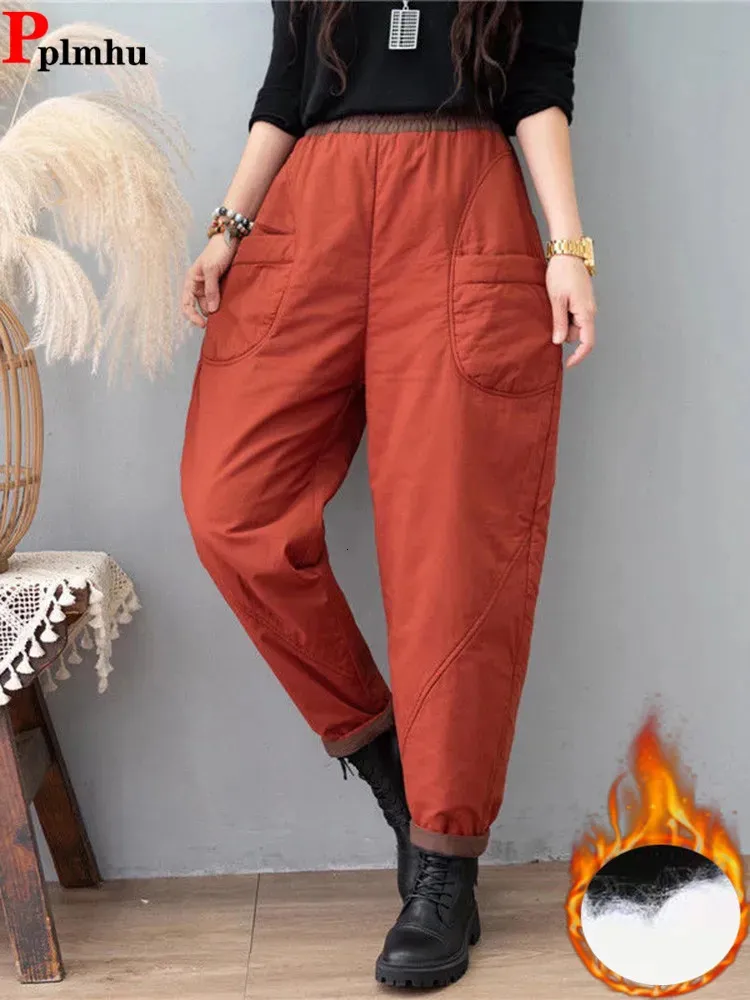 Calças femininas s inverno baggy para baixo algodão harem quente tornozelo fofo casual pantalones grosso elástico cintura alta mulheres oversize calças 231206