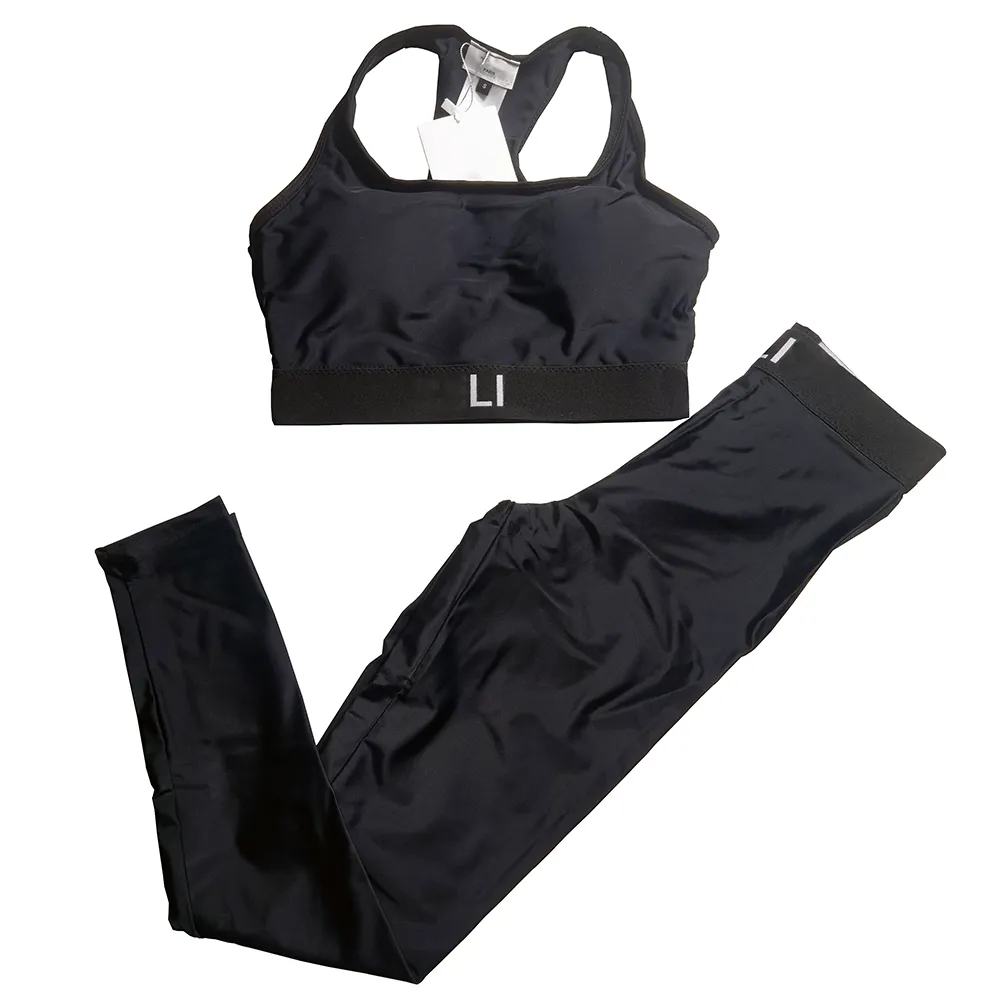 Verão acolchoado colete calças conjunto feminino preto yoga outfit casual sem mangas esporte topos carta webbing magro yoga leggings jogging roupas