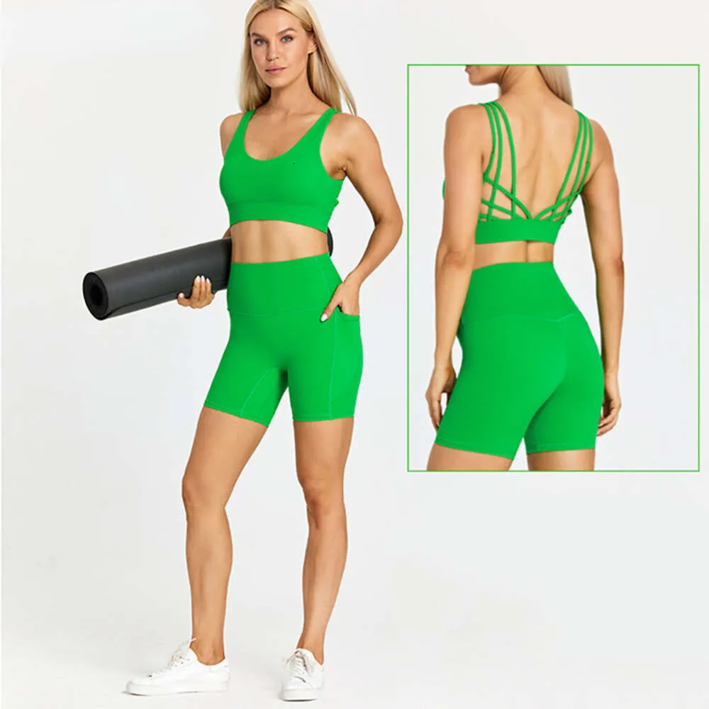 Lu Lu Lemon Align Vêtements d'entraînement personnalisés Hi Cloud pour femmes, ensemble de gymnastique 2 pièces, taille haute, short de motard, sexy, dos nu, soutien-gorge de sport, tenue de yoga