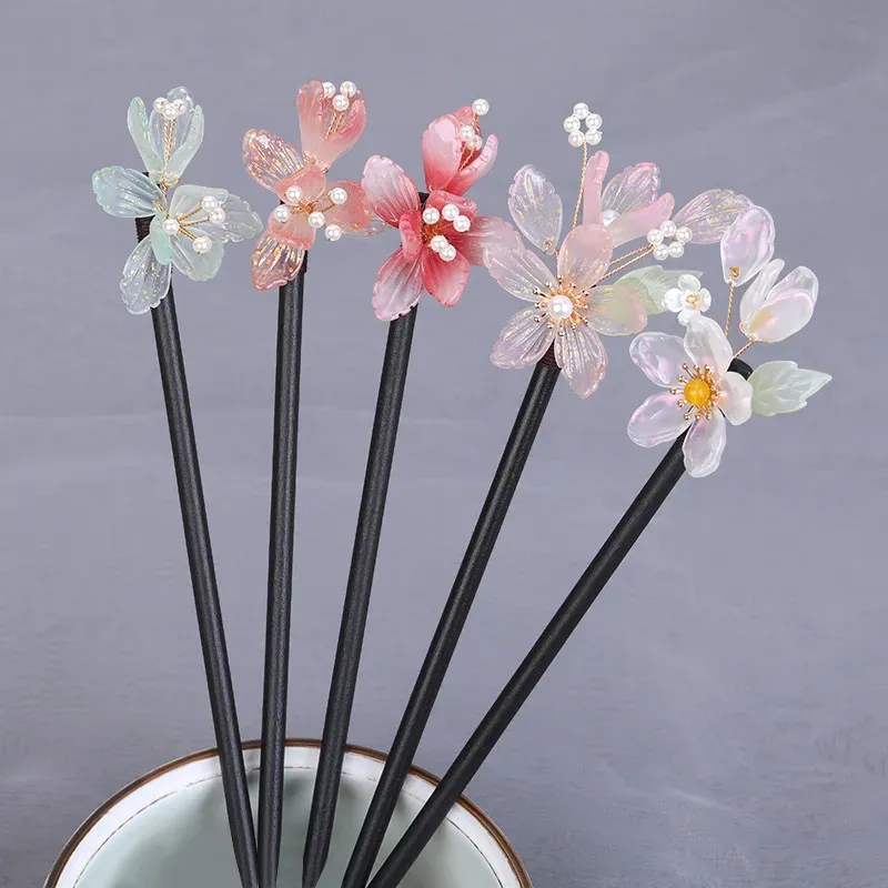 Ancient Style Wooden Hair Sticks Vintage Chinese Flowers Hairpins For Women Girls Hanfu Clothes Ornaments Hair Accessories Gifts