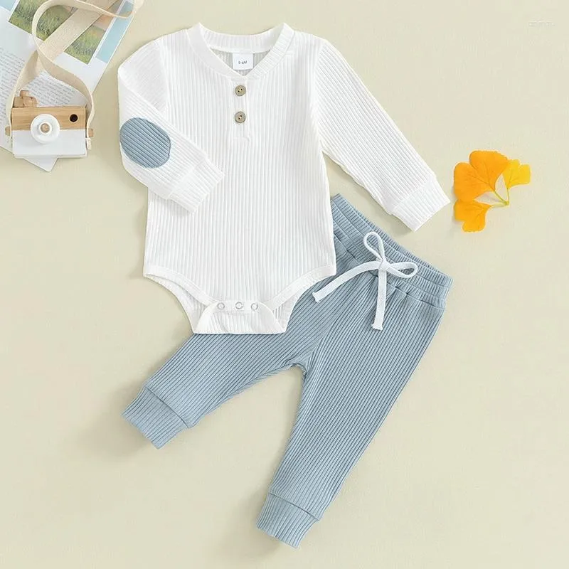 Clothing Sets Suefunskry Baby Boys Girls Romper Pants 2Pcs Set Long Sleeve V-Neck Contrast Color Ribbed With Spring Fall Outfit