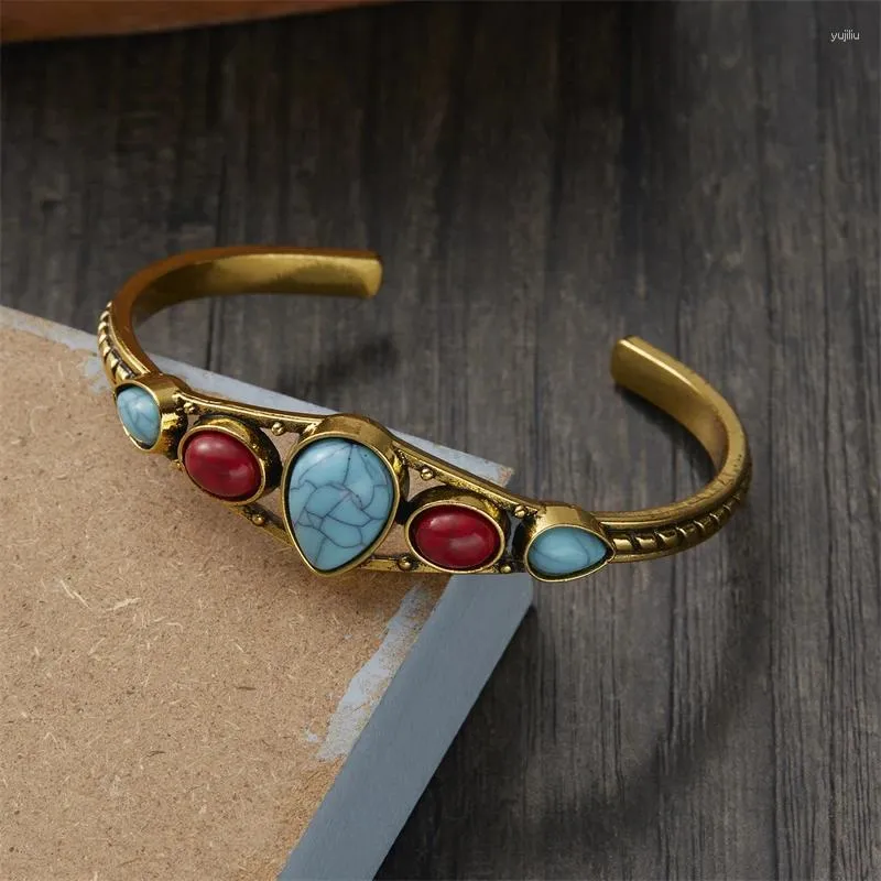 Bangle Antique Red Blue Crystal Natural Stone Öppen för kvinnor Vintage Male Geometric Wrist Smycken