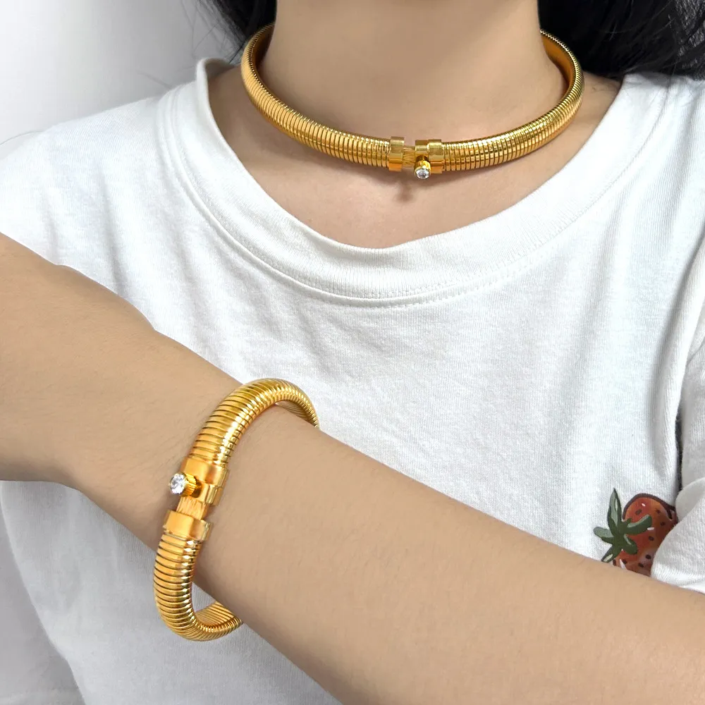 pulseira de moda minimalista, corrente de garganta de ganso de metal, pulseira elástica fraca, colar, acessório feminino banhado a ouro de aço titânio