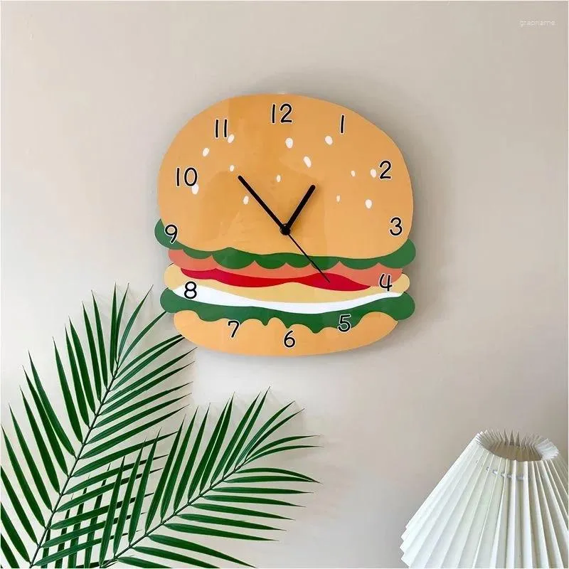 Orologi da parete Orologio da appendere con hamburger di cartone animato, in legno, con pollo fritto silenzioso, ristorante fast food, sala da pranzo, decorazioni per la casa