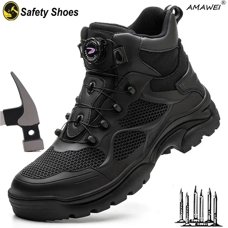 Chaussures de sécurité AMAWEI Chaussures de sécurité à bouton rotatif Baskets de travail pour hommes Chaussures indestructibles Chaussures de protection anti-crevaison Bottes de travail Embout en acier 231207