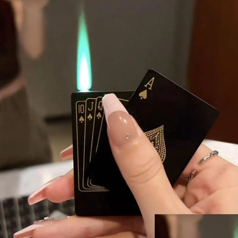 Isqueiros Creative Jet Torch Green Flame Poker Isqueiro Metal À Prova de Vento Jogando Cartão Novel Brinquedo Engraçado Acessórios para Fumar Presente D Drop Del DHD1Q