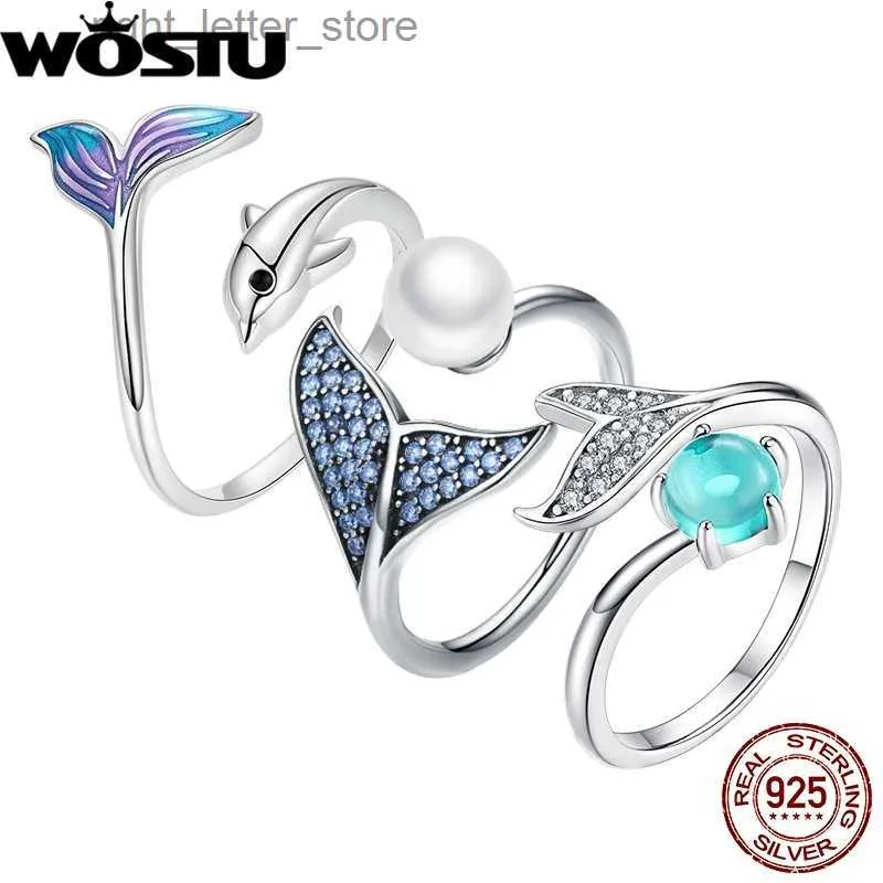 Solitaire Ring Wostu 925 Sterling Silver Mermaid Tail Open Justerbara ringar Kvinnor Ocean Blue CZ Natural Pearl Wedding Party Cocktail Ring Gift YQ231207