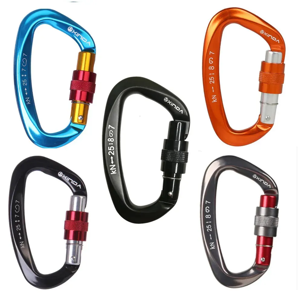 Carabiners Xinda 25kn Mountaineering Caving Rock Climbing Carabiner D Shaped Safety Master Screw Lock Backle Escalade Equipement 231206