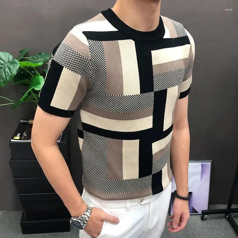 Men's T Shirts High Quality Geometry Short Sleeve T-shirt 2023 Korean Slim Bottomed Shirt Steampunk Letter Print Knitted Sweater Tshirt Male