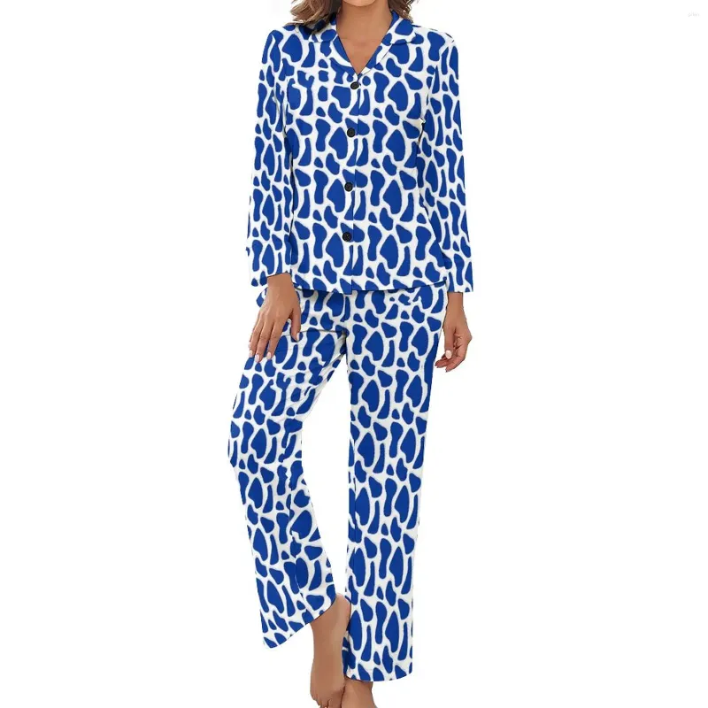 Kvinnors sömnkläder funky girafftryck pyjamas blå och vit långärmad mode pyjama sätter 2 stycken avslappnad höst grafisk presentidé