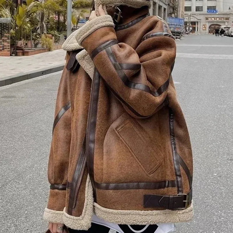 Women s Leather Faux Winter Sheepskin Coat Fur Suede Women Warm Lamb Shearling Jacket Zipper Moto Biker Long Sleeve Short Casual Outwear 231206