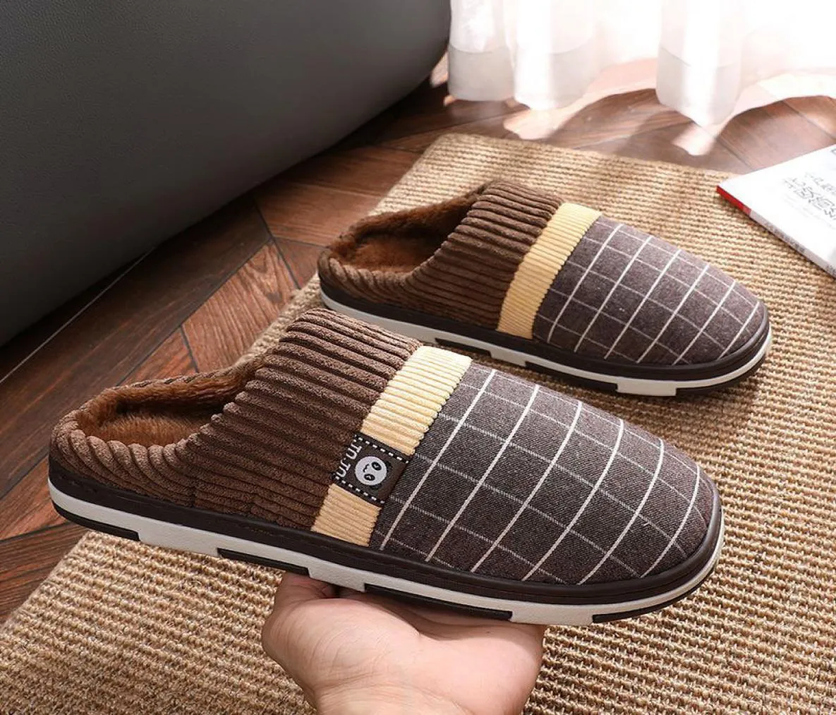 Mens Slippers Gingham Keep Warm Antiskid Plush Winter Indoor Shoes