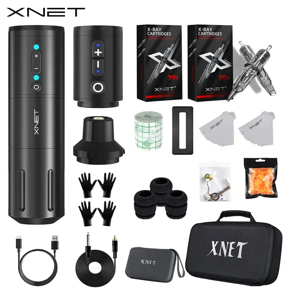 Tattoo Guns Kits Xnet Elite Professional Wireless Tattoo Machine Kit Rotary Tattoo Pen With Extra 2400mAh Power 40pcs Mixed Tattoo Cartridge 231207