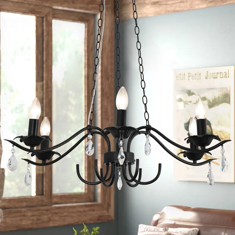 Crystal Black Chandeliers Light Fixtures for Dining Room Over Table 6-Lights Farmhouse Rustic Candle Chandelier for Kitchen Living Room Hallway Foyer Bedroom