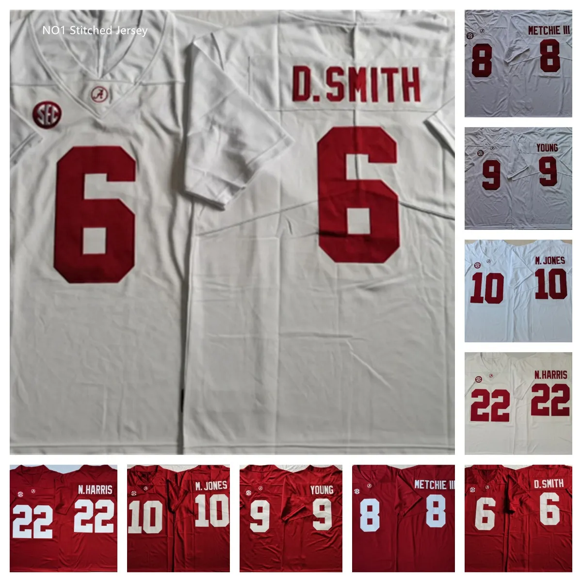 Maillot de football NCAA Alabama Crimson Tide En stock 6 DeVonta Smith 8 John Metchie III 9 Bryce Young 10 Mac Jones 22 Najee Harris maillot cousu