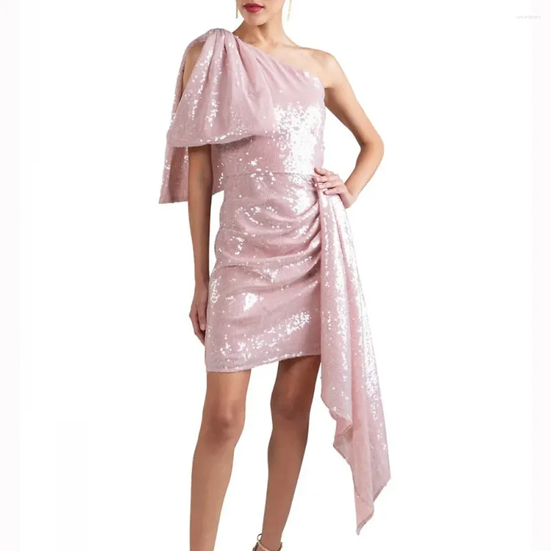 보우 미니 스팽글 플러스 크기 칵테일 우아함과 함께 한 어깨 핑크 드레스 캐주얼 드레스