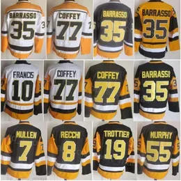 Man Retro Hockey 8 Mark Recchi Jerseys CCM Retire 7 Joe Mullen 10 Ron Francis 19 Bryan Trottier 35 Tom Barrasso 77 Paul Coffey Vintage Classic Black White Embroidery