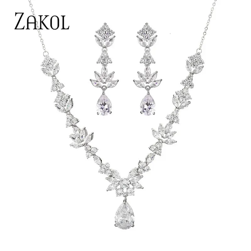 Ensembles de bijoux de mariage ZAKOL mode goutte d'eau cubique zircone collier boucles d'oreilles ensemble femmes luxe Folwer feuille mariée SP3314 231207