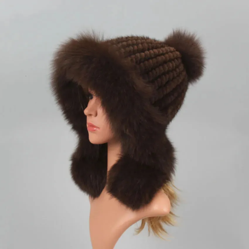 BeanieSkull Caps Real Mink Fur Hat com Bola de Pele Earmuffs Cap Protetor Chapéu de Inverno para Mulheres Russo Outono Chapéu Fur Beanies Fall Bonnets 231206