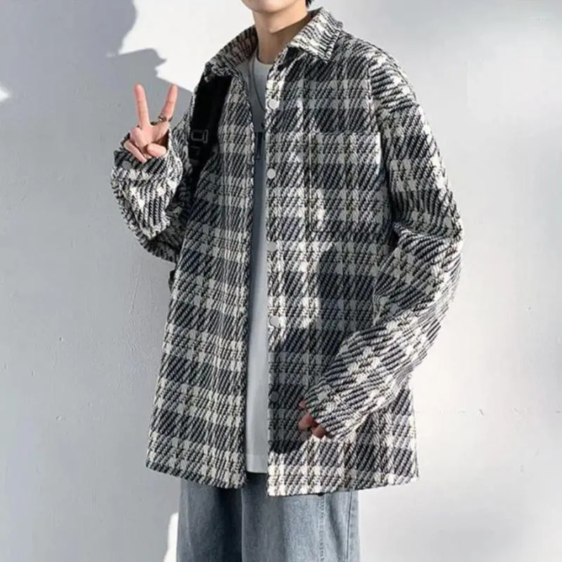 Men's Jackets Single-breasted Woolen Coat Men Plaid Jacket Print Stylish Lapel With Pockets Loose For Autumn