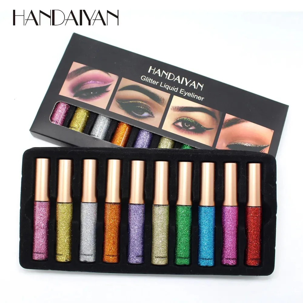 Eye Shadow/Liner Combination HANDAIYAN 10 Colors/Box Eye Shadow Liner Combination Glitter Liquid Eyes Makeup Shimmer Eyeshadow Kit Shinning Eyeliner Pencil 231207