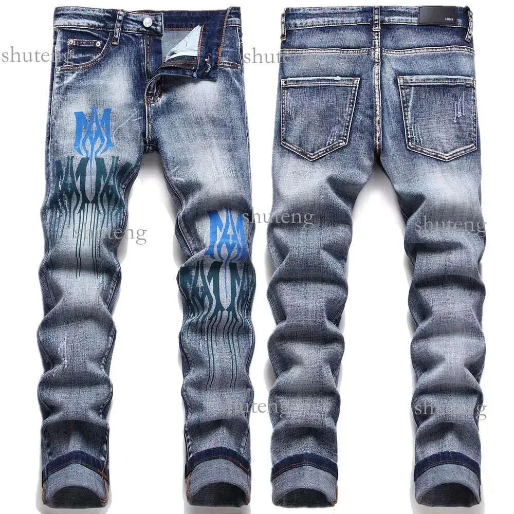 Amirs Designer Mens Jeans High Street Hole Star Patch Homens Mulheres Amirs Estrela Bordado Painel Calças Stretch Slim-Fit Calças Calças Tamanho 974