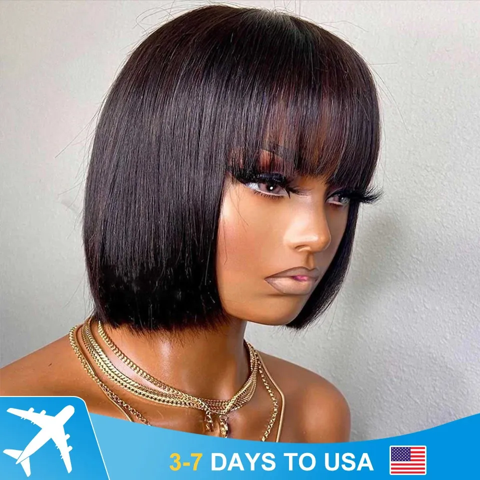 Synthetic Wigs Brazilian Human Hair Wig with Bangs Remy Straight Hair Bob Wigs Full Machine Made Wig for Women 8-16 Inches No Lace Bob Wigs 231207