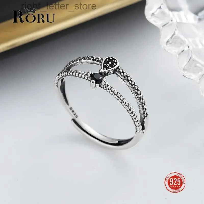 Solitärring RORU S925 Sterling Silber Vintage Schwarzer Zirkon Doppelschichtiger geometrischer Fingerring für Frauen Mann Memorial Day Party Geschenke 2022 YQ231207