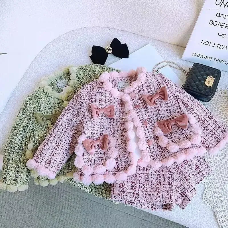 Kledingsets 1-7Yrs Kinderen Meisjes Prinses Geruite Kleding Set Herfst Winter Baby Lange Mouw Tweed Tops Uitloper Shorts 2 Stuks Kinderen pak