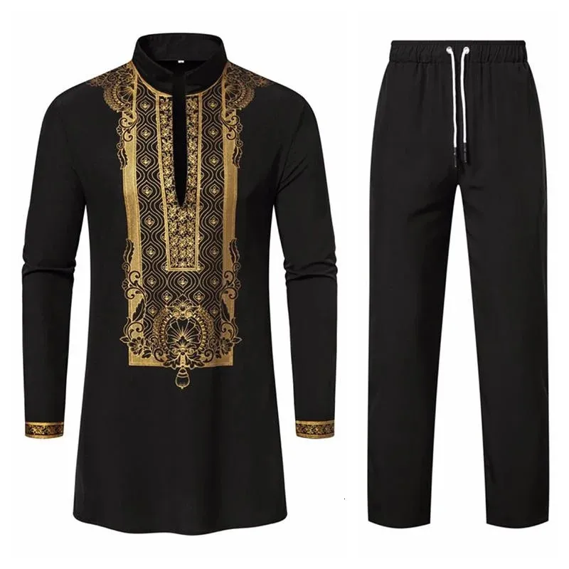 Männer Anzüge Blazer Ethnischen Stil Robe Luxus Gold Druck Sets Langarm Hosen Zwei stück Anzug Traditionelle Kleidung 231206