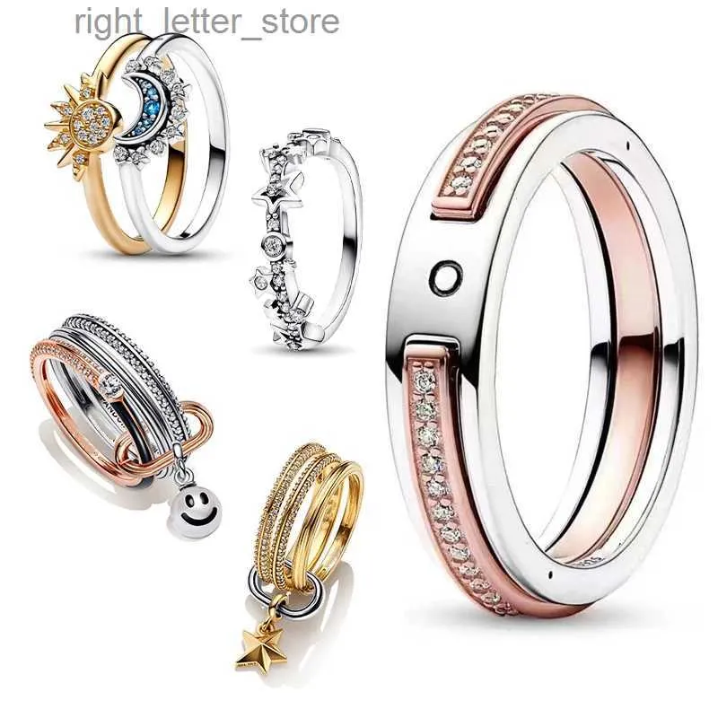 Bague Solitaire Couple anneaux empilés céleste soleil lune ensemble de bagues 925 bijoux en argent réel certifié Original bijoux fins pour femme cerceaux cadeau YQ231207