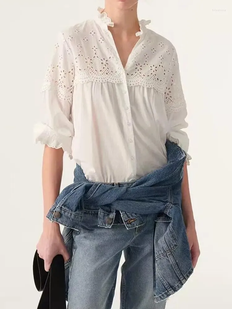 Blouses pour femmes blanc femmes chemise en coton broderie évider volants simple boutonnage femme tout-Match Blouse automne 2023