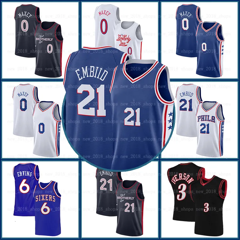 Homens 2023 2024 Tyrese Maxey Joel Embiid 21 Basquete Jersey Allen Iverson 3 6 Julius Erving Sixer City Black Edition Retro Camisa Branco Azul Jerseys