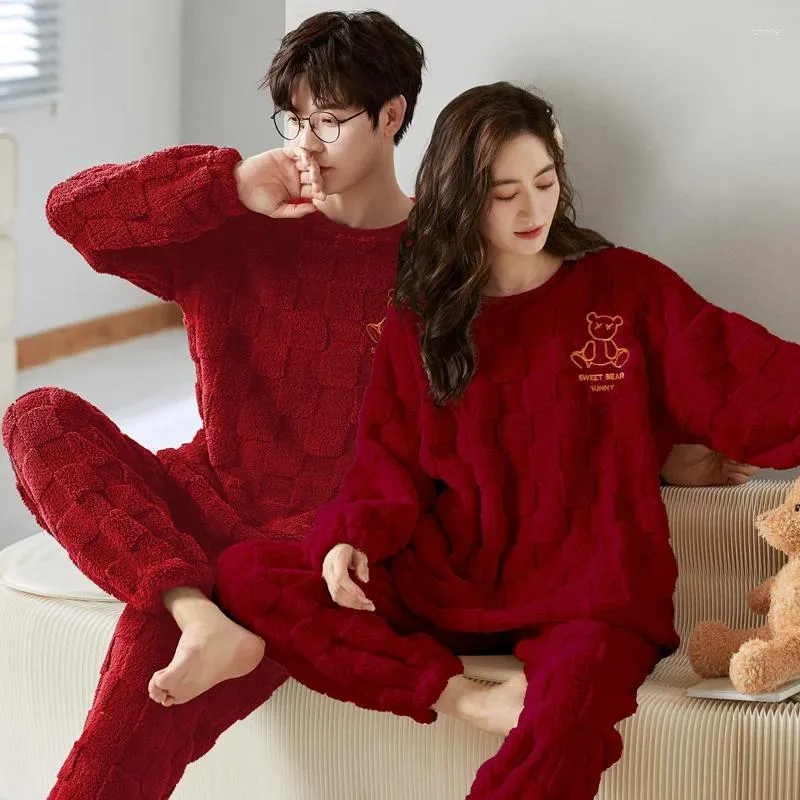 Women's Sleepwear 2024 Winter Warm Happy Year Red Color Couples Nightwear Women Coral Fleece Pajamas Set Men Flannel Pyjamas