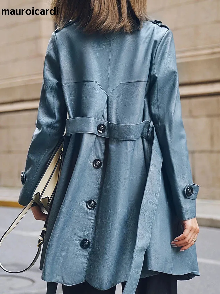 Giacche da donna Lautaro Primavera Autunno Elegante trench in ecopelle blu per donna Cintura elegante abiti firmati di lusso Runway Fashion 231207