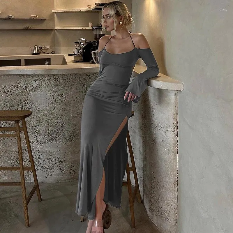 Casual Dresses Women's Clothing 2023 Autumn Solid Color Sexig Backless Slit Pure Tube-Top Dress Flare Sleeve Sets Up Slim Fit
