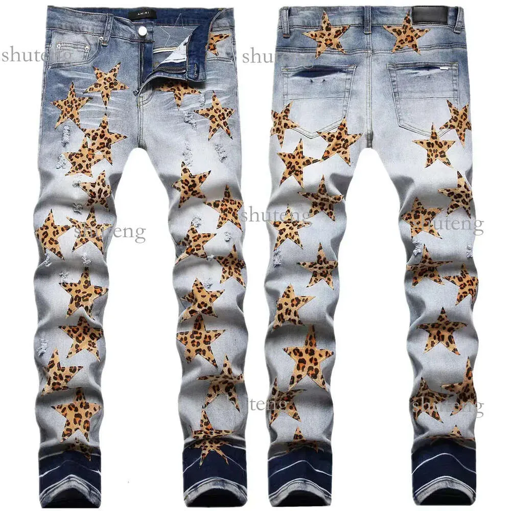 Amirs Designer Mens Jeans High Street Hole Star Patch Homens Mulheres Amirs Estrela Bordado Painel Calças Stretch Slim-Fit Calças Calças Tamanho 876