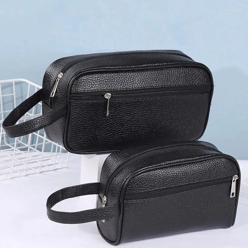 Sacs à cosmétiques pour hommes, petits kits Dopp classiques minimalistes en cuir Pu, organisateur de toilette de voyage d'affaires, sac de lavage de maquillage noir