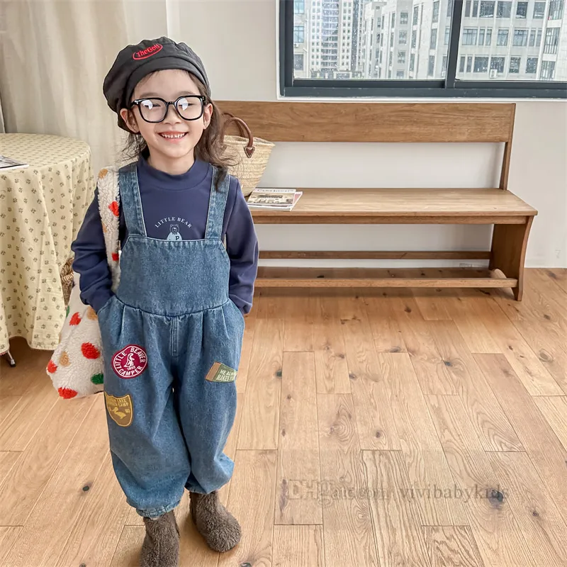 Girls denim overall kids letter badge embroidery suspender pants autumn winter children velvet warm cowboys trousers Z5831