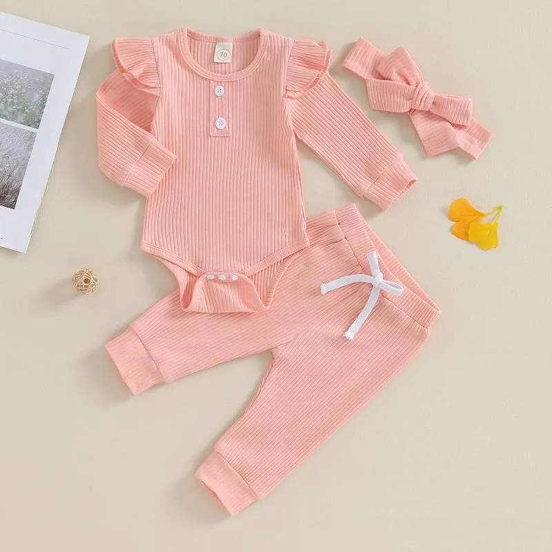 Kledingsets Geboren babymeisjes Herfst Lente Baby-outfits Zacht katoen Effen geribbeld Romper met lange mouwen Broek Hoofdband 3-delige kinderset