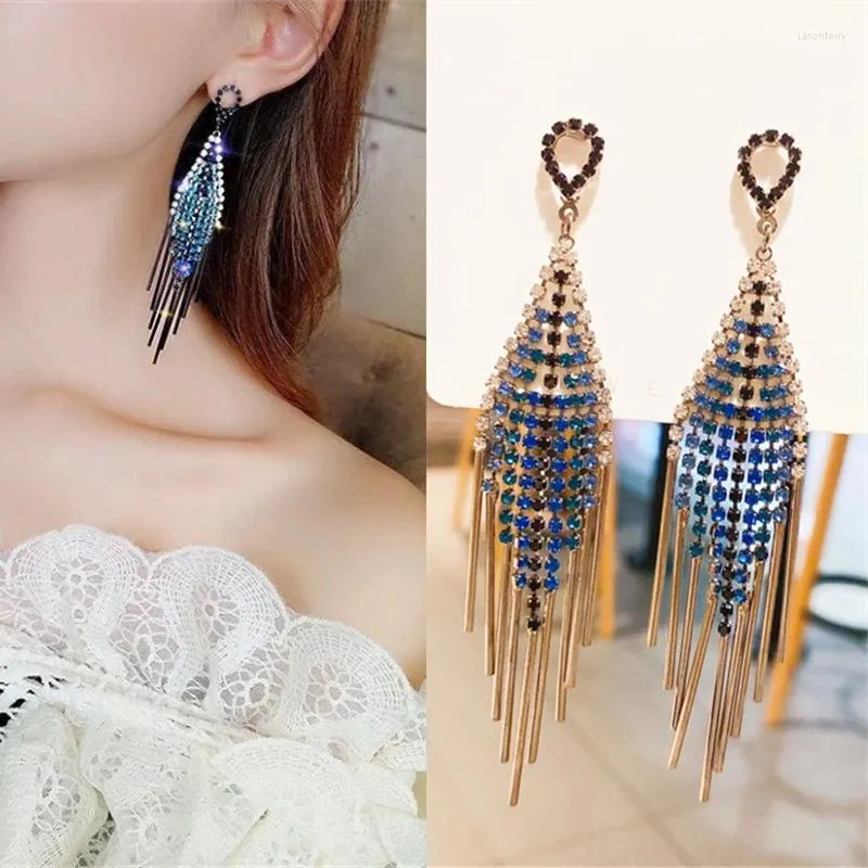 Dangle Earrings Bohemia Rhinestone Ear Nails Feather Tassel For Women Fashion Shiny Crystal Dinner Wedding Bride Jewelry