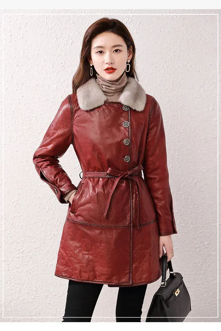 0C463M11 Genuine Leather Jacket Women's Clothing Mid Length Thickened Jacket Sheepskin Retro Style Looks Slimmer Customized Size