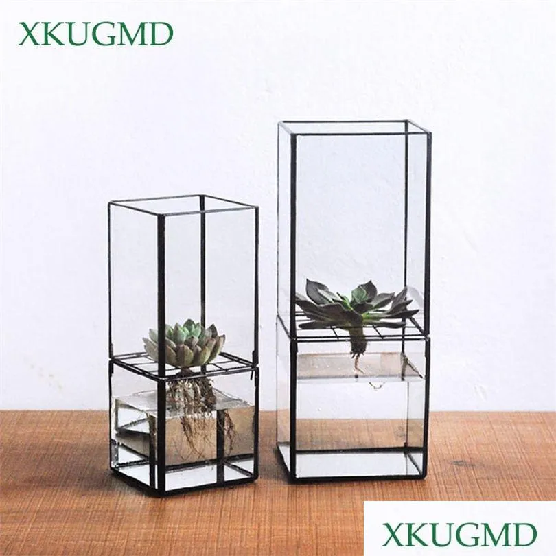 Planters Pots Nordic Transparent Glass Double Layer Hydroponic Succent Plant Vase Geometry Flower Inserter Home Decoration Pot Drop De Dhnzs