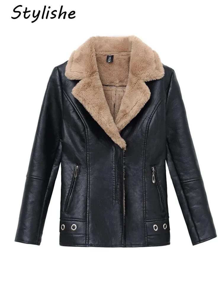 Kvinnorjackor Stylise Autumn Winter Plush Warm Faux Päls Coat Women Leather Jacket Slim Moto Biker PU Kvinnlig avslappnad ytterkläder 231206