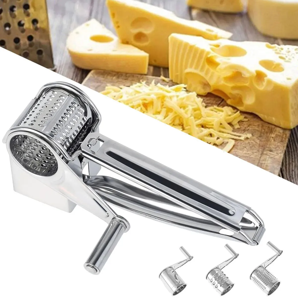 Utensili per formaggio Grattugia rotativa per formaggio con manico 3 lame a tamburo Taglierina riutilizzabile in acciaio inossidabile Affettatrice per burro Trituratore portatile Gadget da cucina 231206