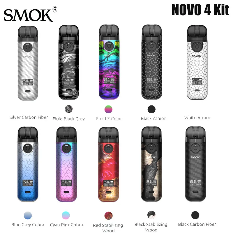 Original SMOK Novo 4 Pod Kit Vape 25W 800mAh Battery 2ML Cartridge LP1 0.8ohm Meshed Coil Electronic Cigarette Vaporizer