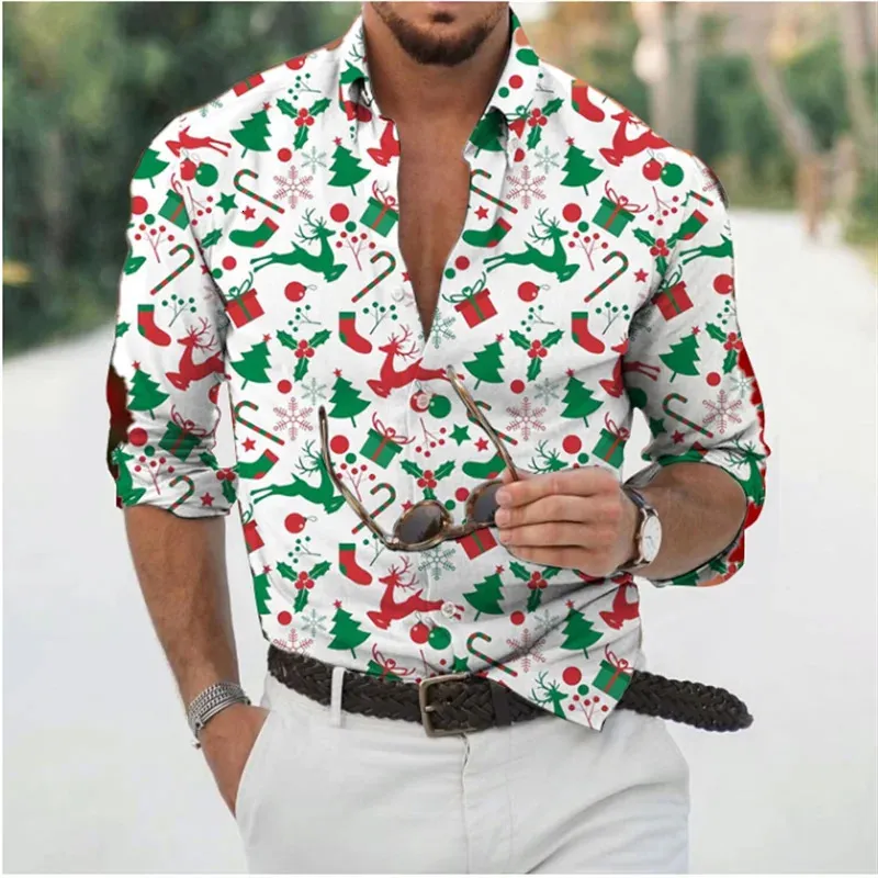 mens christmas themed dress shirts Donemore Men's Long Sleeve Button-Down Collar Shirt, Christmas Themed Holiday Print Design, Comfortable Casual Daily Wear Fashion Top