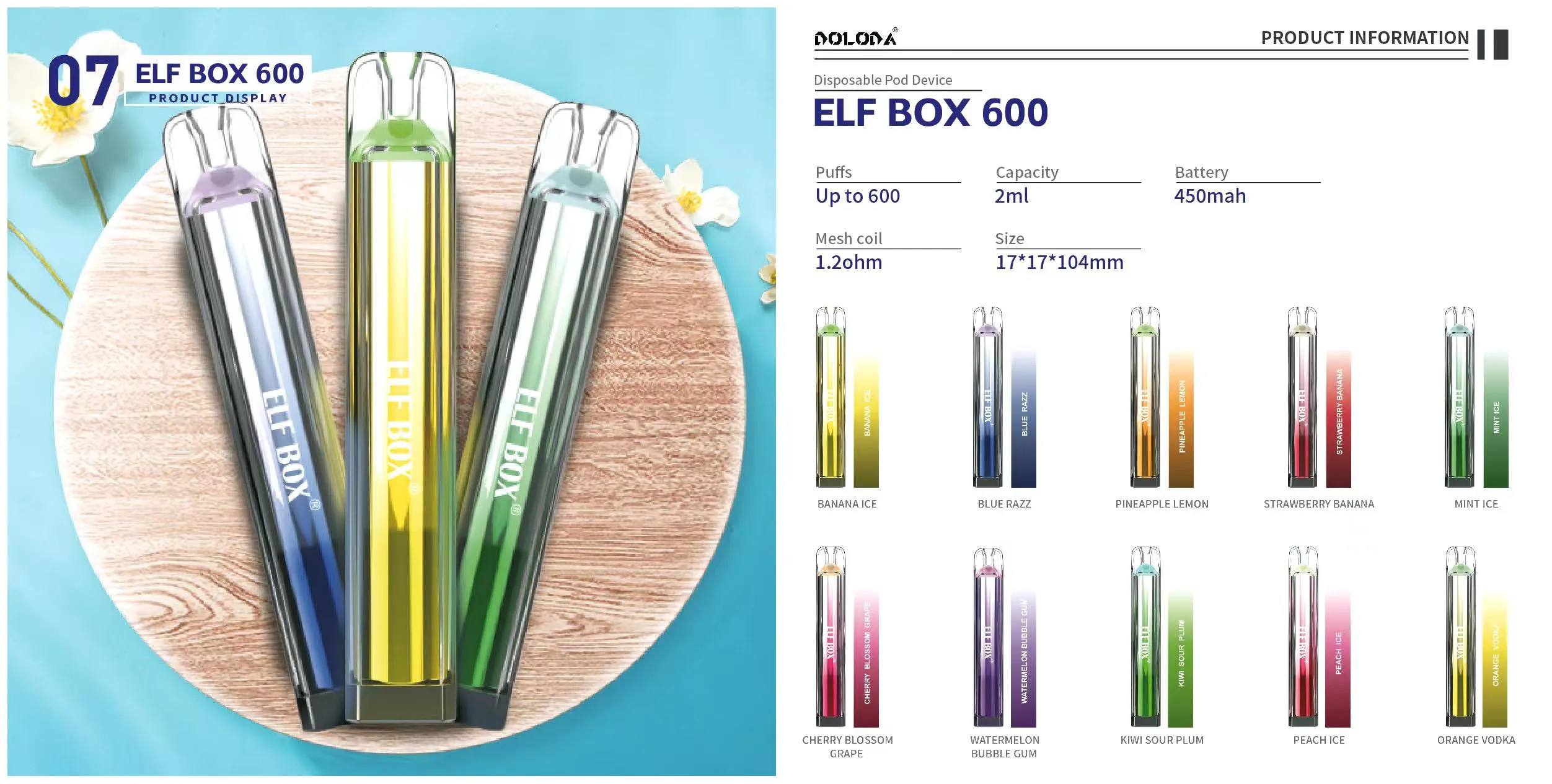 Authentieke ELF BOX 600 Bladerdeeg Wegwerpvape 1,2 ohm 2 ml 2% 10 Smaken van e-sigaret 600 Rookwolken