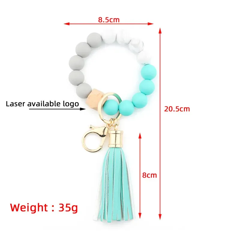 Wooden Tassel Bead String Bracelet Keychain Food Grade Silicone Beads Bracelets Women Girl Key Ring Chain Wrist Strap Pendant Leather Party Favor Gifts New